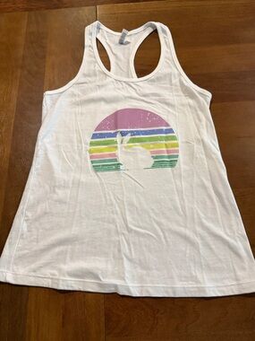 🖤🐰🐰🐰Pure Bunny! White Racerback Tank with Pastel Sunset Bunny Graphic